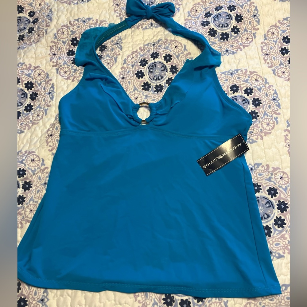 NWT American Living Ruffled Ring Solid Aqua Sz 10 Halter Tankini Swim Top
